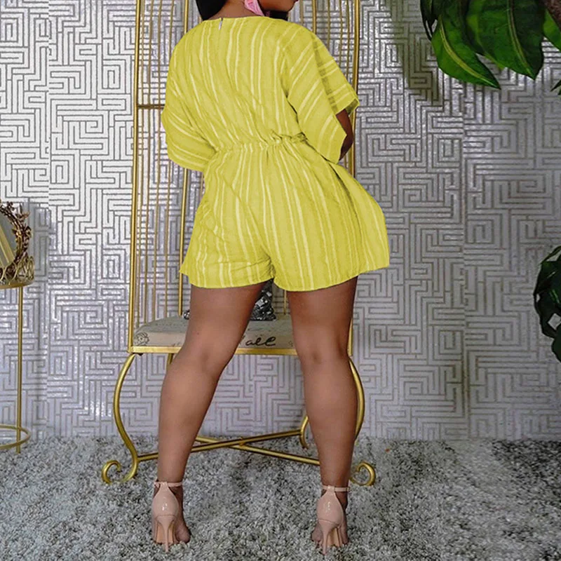 

Short Sleeve V Neck Striped Playsuit Drawstring Lace Up One Piece Rompers