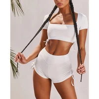 bambooboy sexy hot square collar open back t shirt crop top tight shorts bodycon club sportswear two piece set ln184