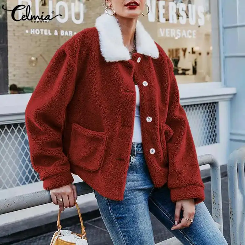 

Модные женские куртки 2021 из искусственного меха Celmia, плюшевая ткань, пушистое зимнее теплое пальто, уличная одежда, повседневная Свободная ...