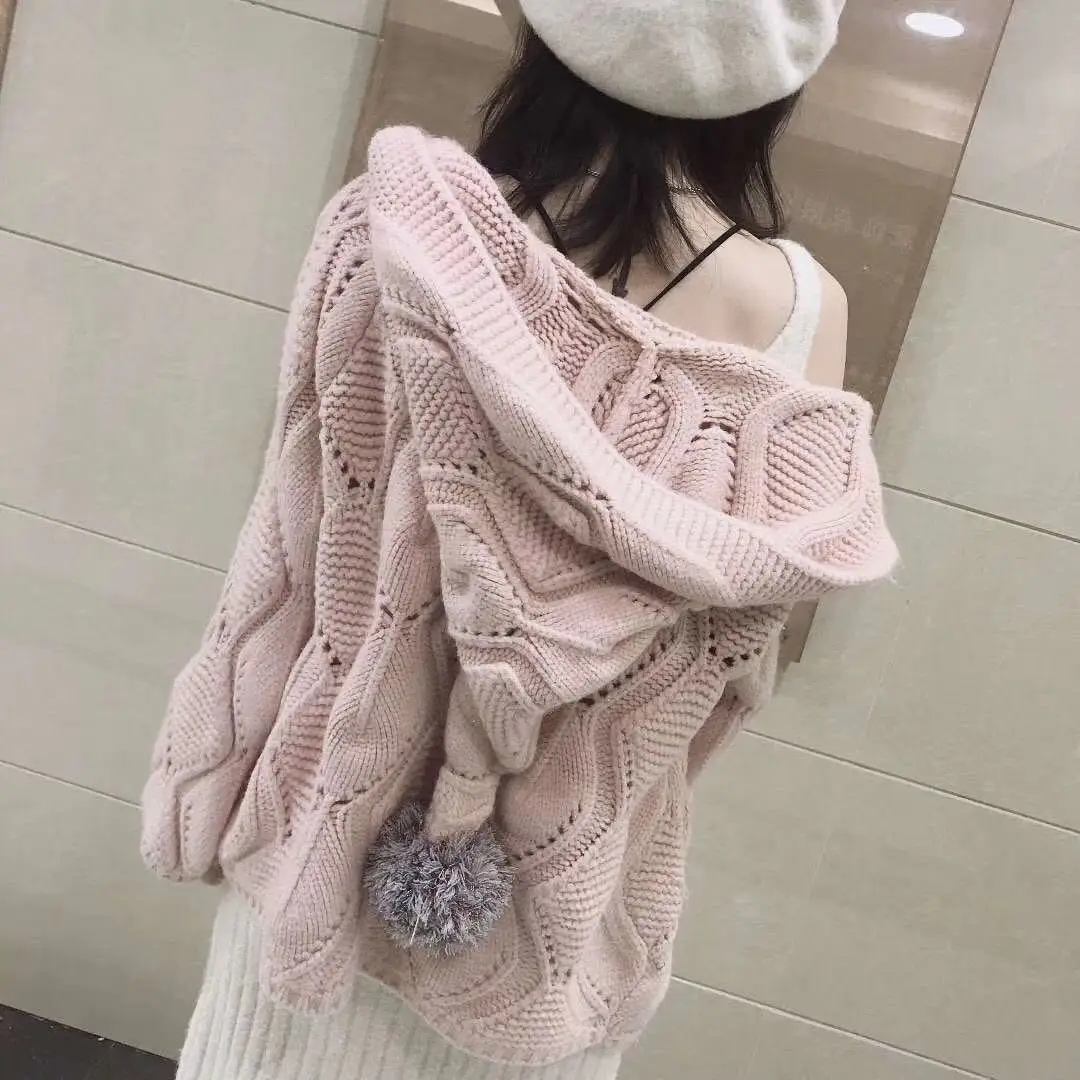 

Autumn Winter Fashion Korean Loose Knitted Cardigan Women Thin Hair Ball Hat Wild Jacket Sweater Female 2020 Knit Coats Pink