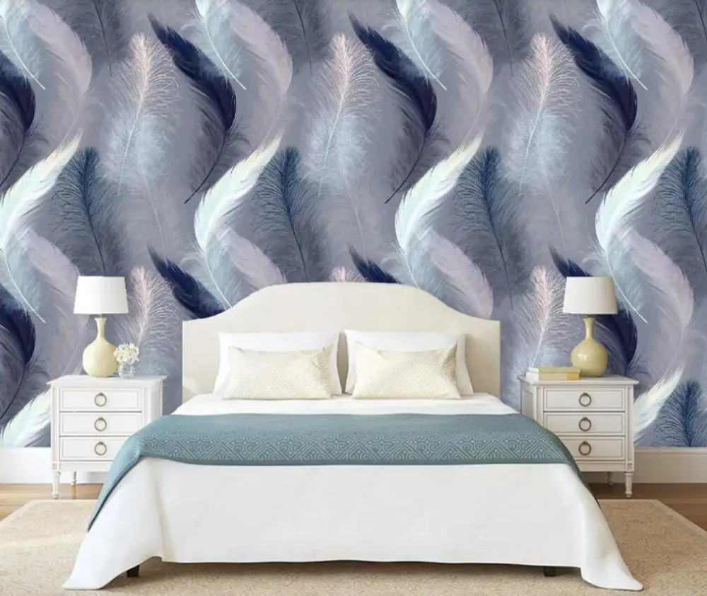3D обои на заказ роспись в европейском стиле ручная синие белые черные и перья
