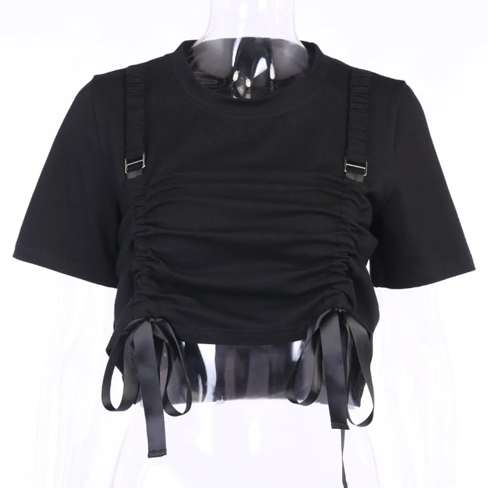 

Women Streetwear Black T-Shirt 2021 Summer Crop Top Drawstring Strap Chic Gothic Tshirts Female Cool Casual Sexy Tees Trendy