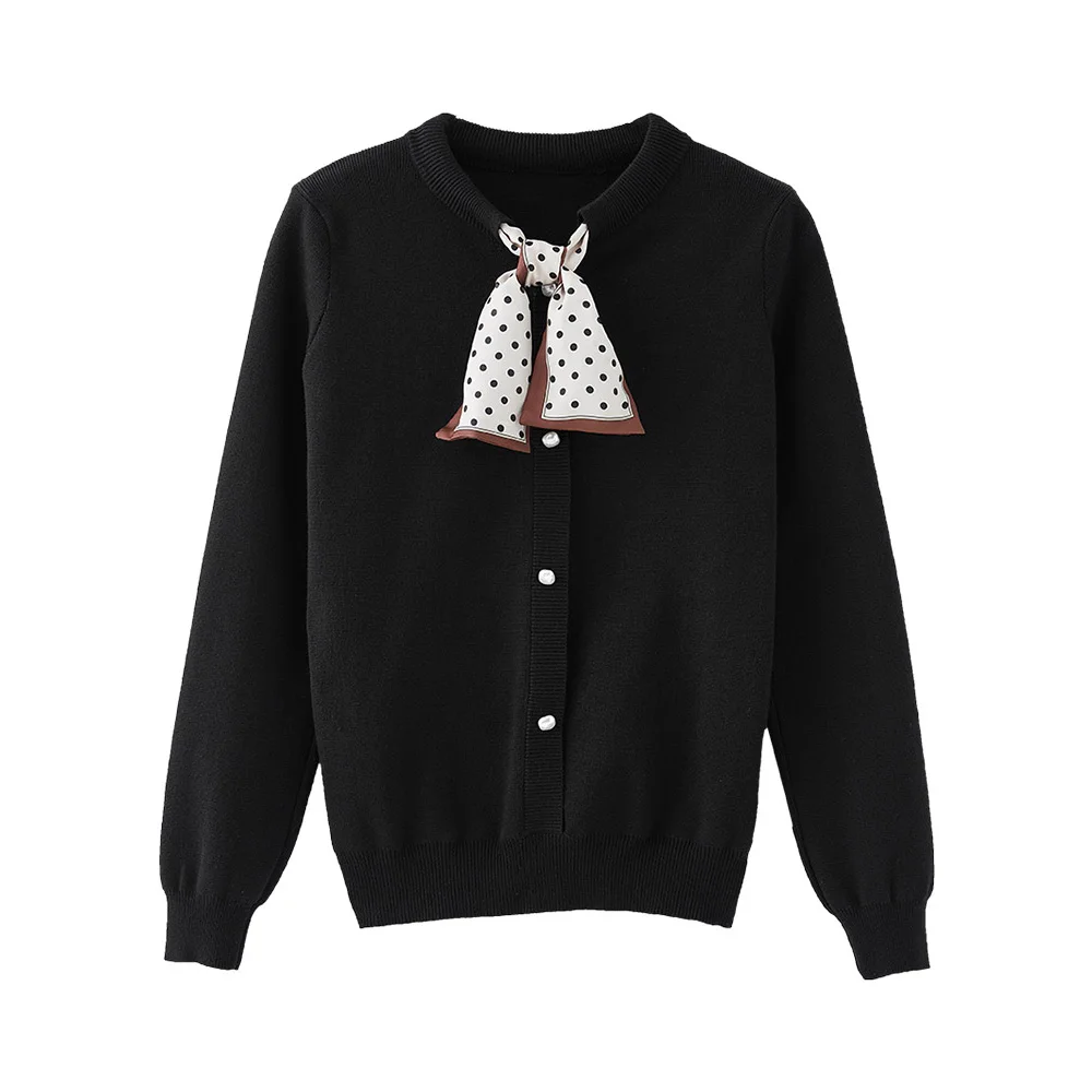 

Harajuku Women Knitted Blouse Loose Casual Long Sleeve Sweater Tops Bow Neck Pullover Solid Office Lady Black Femmee Blusas 2021