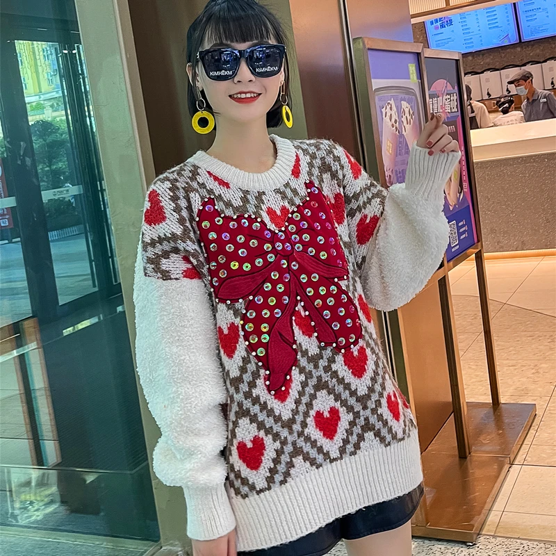 

Women's sweater Europe station autumn and winter heavy industry bow sweater women retro loose age wear sequined tops