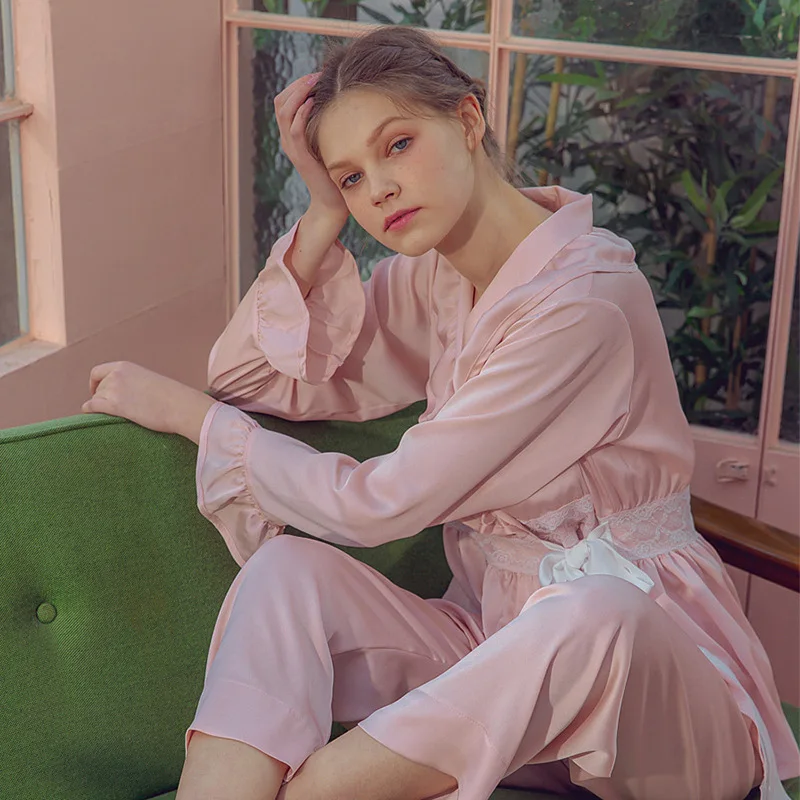 

New Women Autumn Long Sleeve Casual Pajamas Set Solid Palace Style Home Clothes Two Piece Suit Silk Satin Lounge Sleepwear