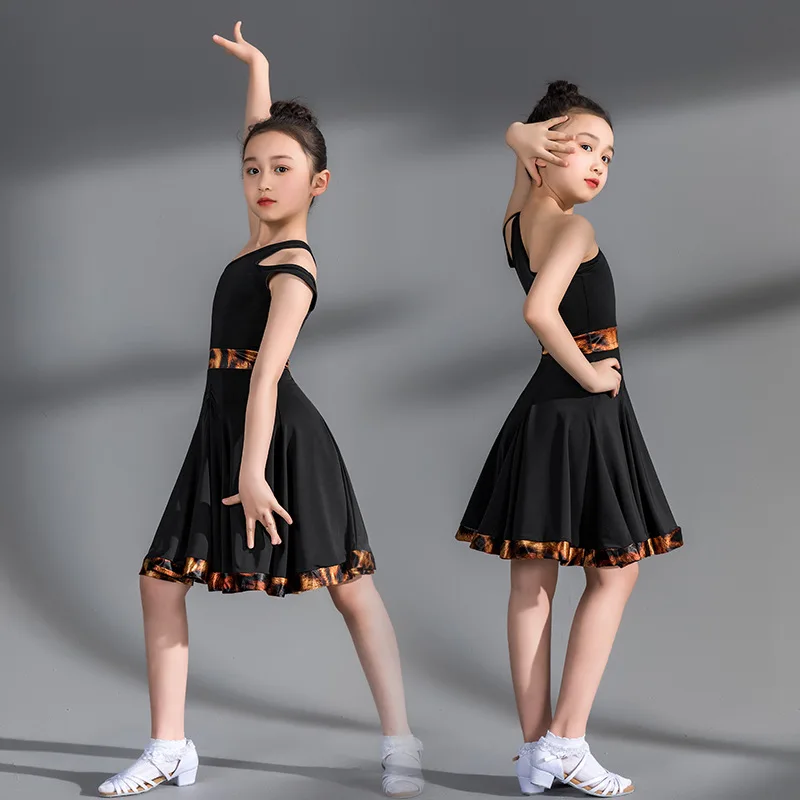 

2021 Hot New Children Summer Latin Dance Dress One-shoulder Leopard Print Sling Performance Grading Training Clothes Stage Wear
