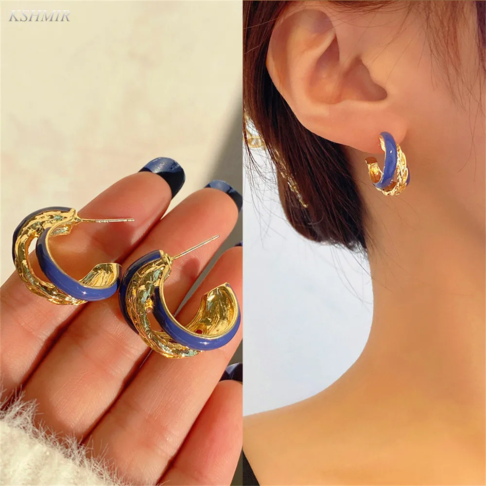 

Double Tone Twist Enamel Stud Earrings Vintage Minimalist White Blue Dripping Oil Geometric Spiral Earrings Femme Gift