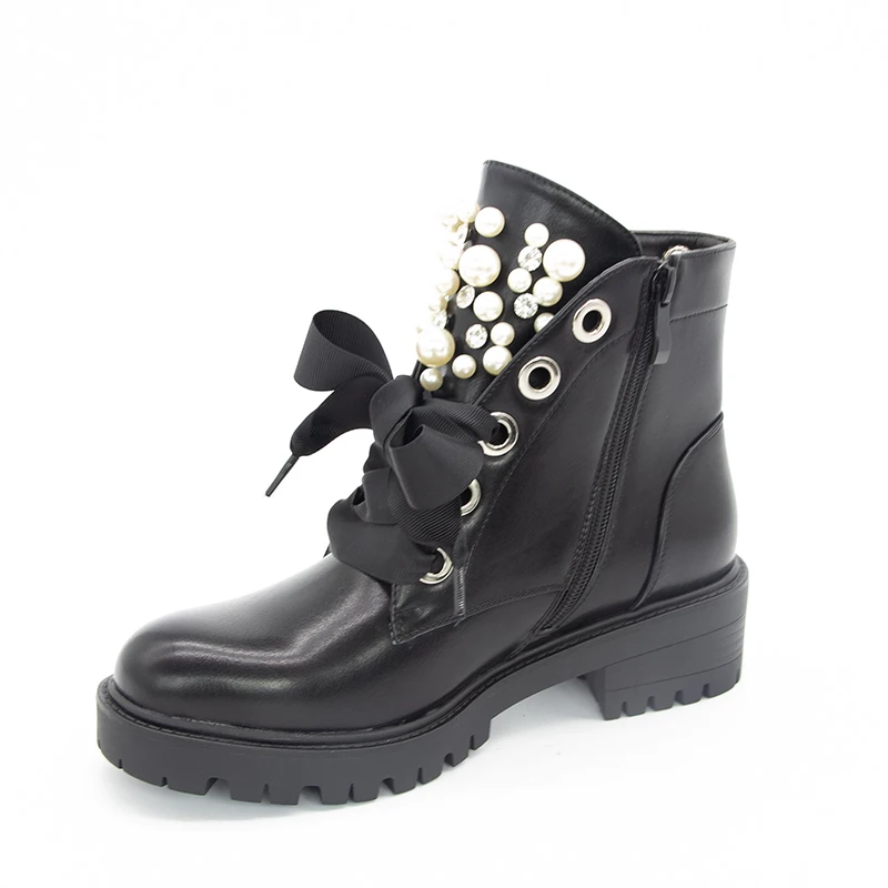 

[GOGD]Winter black Boots Heighten women's boots with pearls Women's Zipper Martin Boots Bow boots