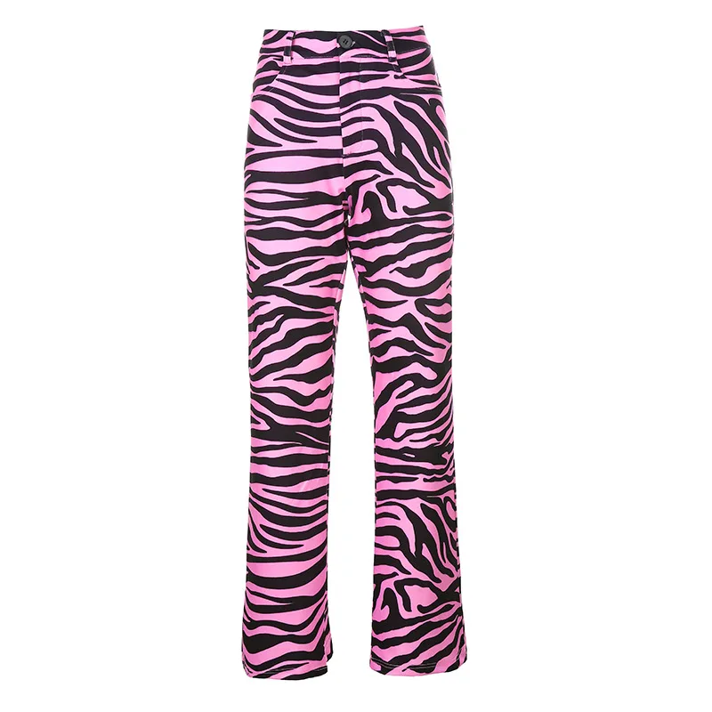 

High Waisted Flare Pants Women Casual Animal Zebra Print Straight Long Trousers Ladies Fashion Pink Harajuku Joggers