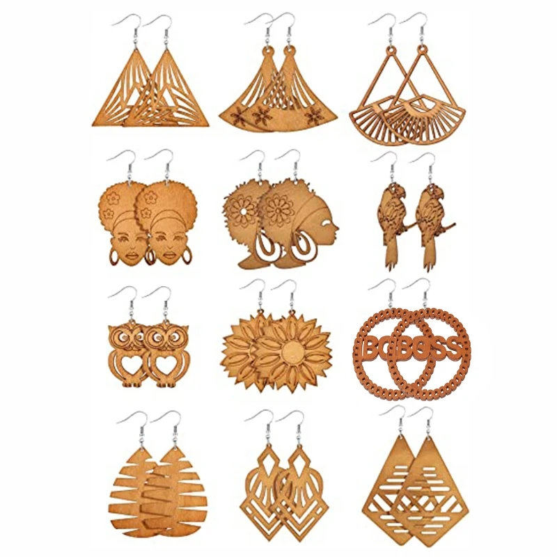 

12 Pairs African Wooden Drop Earrings Bohemian Pendant Dangle Earrings Lightweight Ethnic Style Wood Earrings for Women