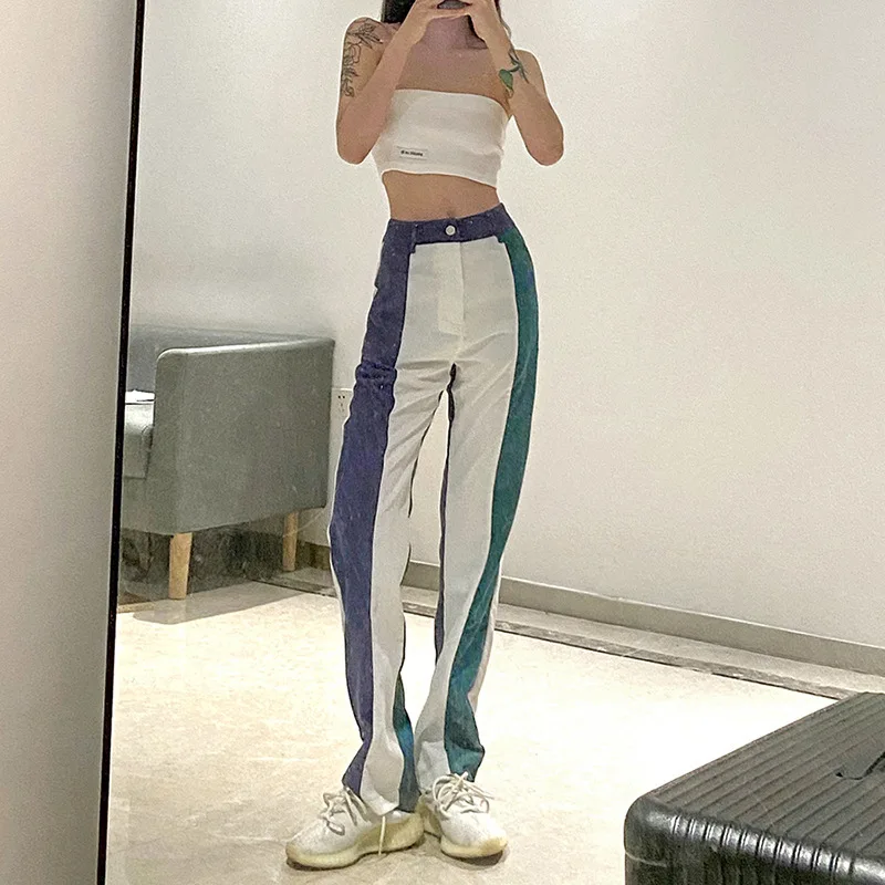 

2021 Spring/Autumn Aesthetic Clothing Personality Fashion Contrast High Waist Straight Pants Street Casual Jeans Women's Pants