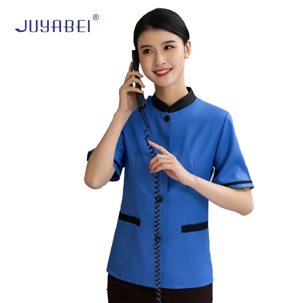 

Short Sleeve Waitress Waiter Hotel Uniform Summer Cafe Restaurant Overalls Cleaner Housekeeping Food Service Work Clothes