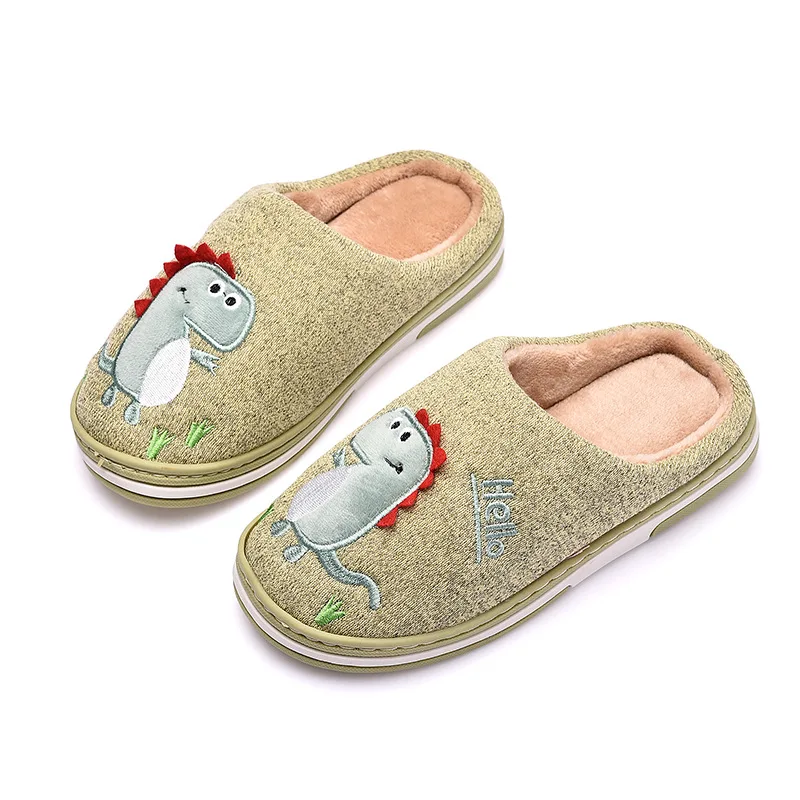 Зимние новые детские хлопковые тапочки домашние с динозавром из мультфильма