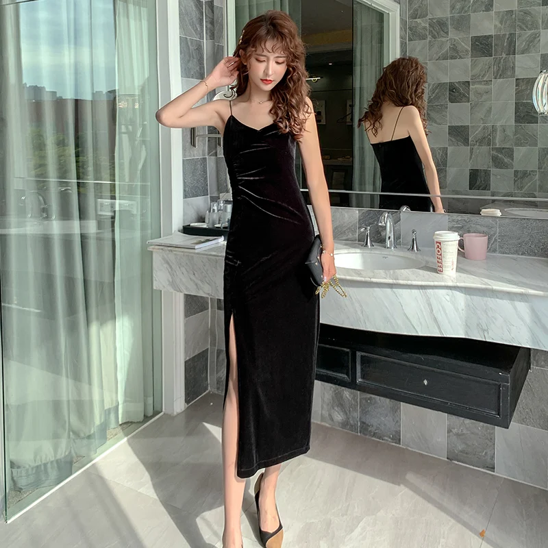 

Женское длинное велюровое платье, однотонное облегающее платье-карандаш с V-образным вырезом, на тонких бретелях, весна-лето, 2021