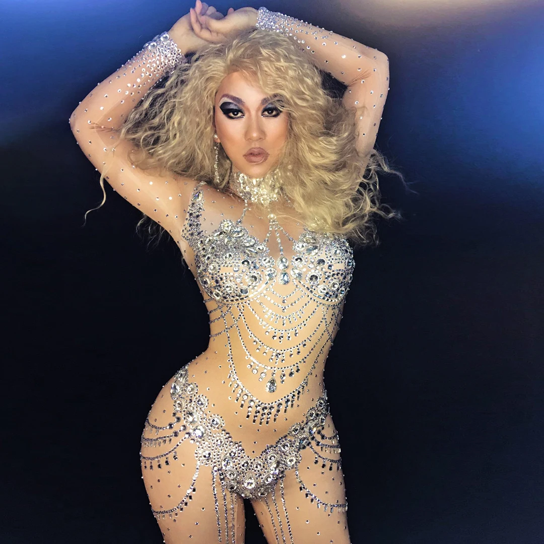 

Женский Стразы, блестящий женский комбинезон, одежда для ночного клуба, бара, вечеринки, женские танцевальные костюмы для выступления на сц...