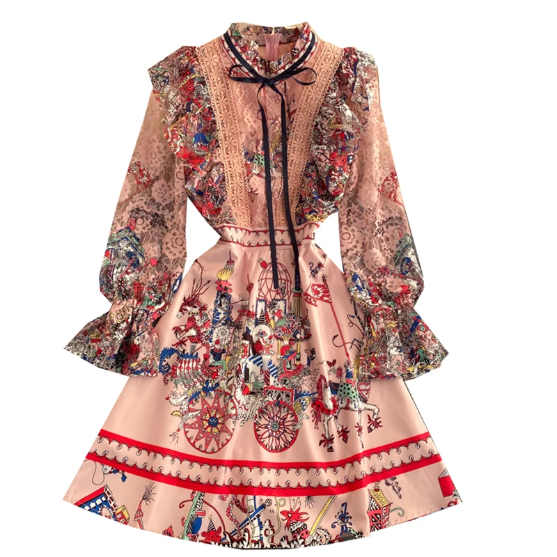 

Heavy French dress retro court style round neck flared sleeve lace embroidery fashionable print holiday A-line