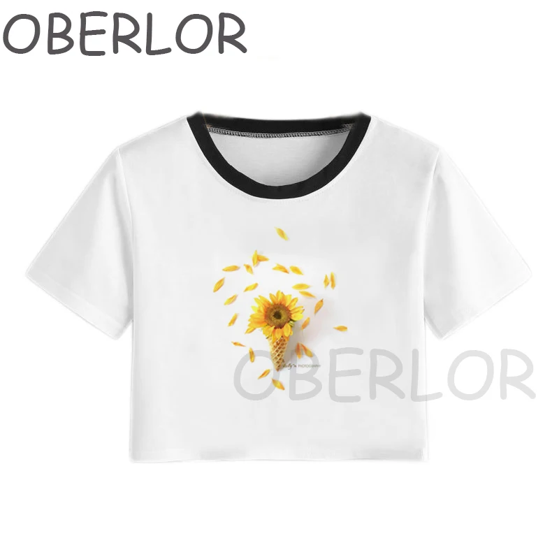 

Harajuku Beauty Sunflower Print Fitness Trend Korean Style Short Sleeve Print Women's Tunic Casual Loose Tops Crop Top Mujer
