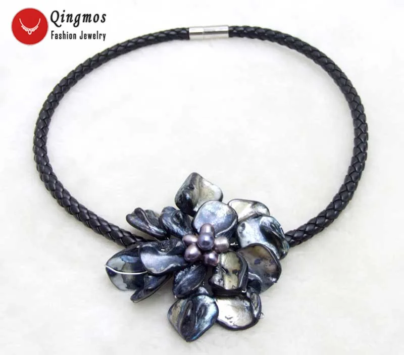 Qingmos 70mm Flower Black Shell Pendant Necklace for Women with Natural Pearl and 6mm Leather Rope 18'' Chokers | Украшения и