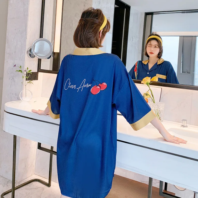 

Red Women Pocket Rayon Sleepshirt Nightgown Sexy Turn-down Collar Nightdress Sleepdress Print Characters Short Skirt Nightshirt