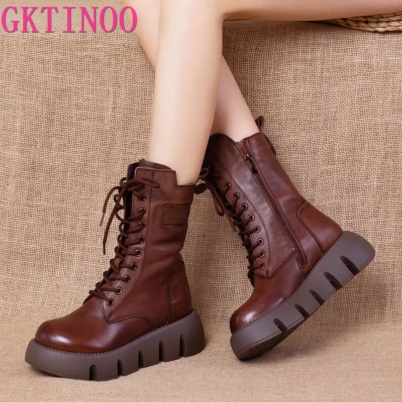 

GKTINOO 2022 Real Leather Short Boots Women Fashion Platform Warm High Heel Winter Shoes Woman Boot Footwear zapatos mujer