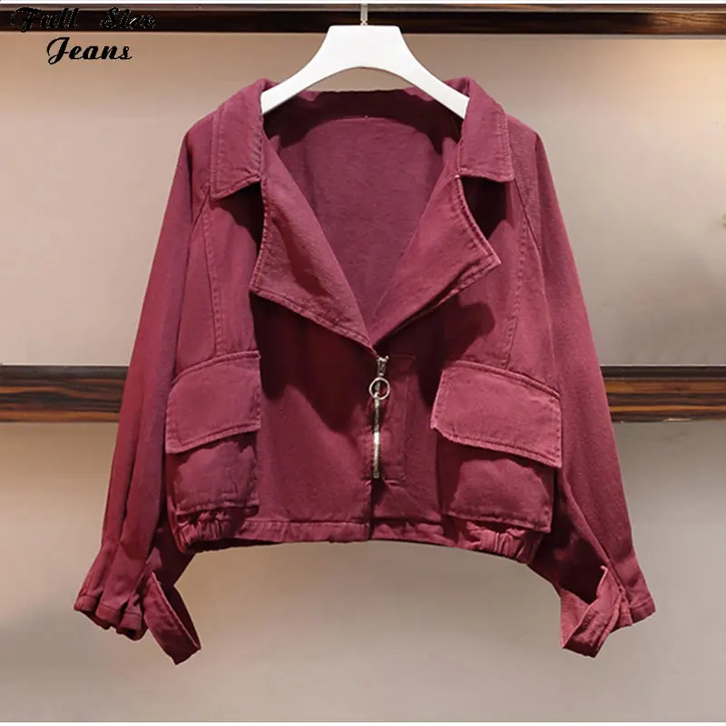 Plus Size Turn-down Collar Cropped Diagonal Zipper Punk Jeans Jackets 4XL 5XL Slim Wine Red Denim Bomber Coat Outwear |