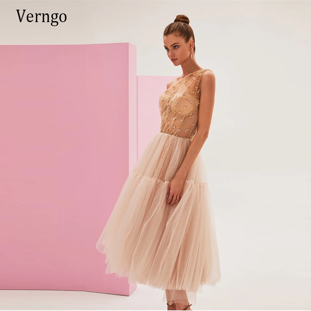 

Verngo Beige Tulle A Line Short Prom Dresses One Shoulder Beads Corset Lace-up Puffy Skirt Ruffled Tea Length Formal Party Gowns