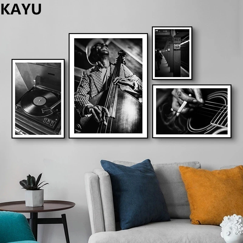 Музыкальный диск Гитара Джаз Портрет Холст Живопись Северная Стена Искусства Плакат Печать Декор Черно-белая Картина Для Гостиной Hd0004.