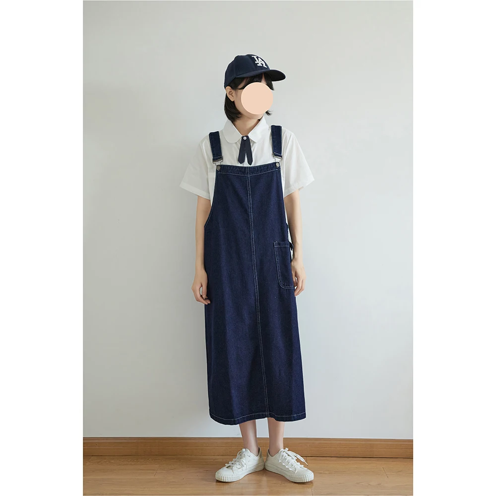 

2021 new Japanese retro denim suspender skirt mid-length trousers skirt shoulder strap adjustment demin casual women dress