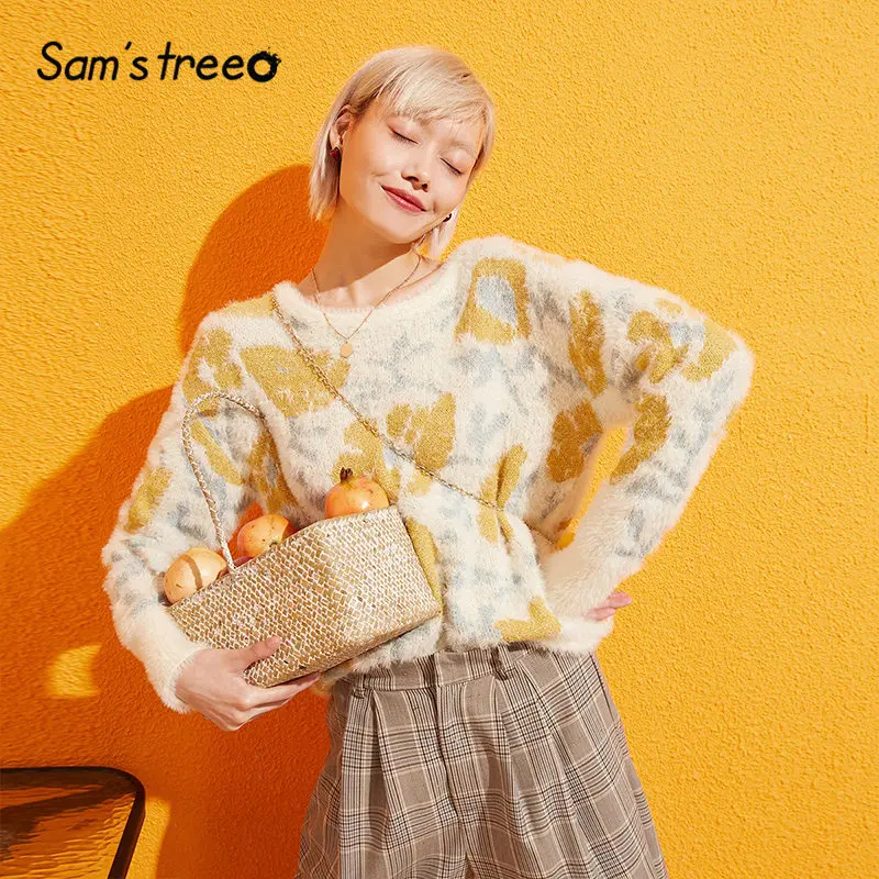 Samstree, абрикосовый цветочный свитер и юбка, женский корейский стиль, комплект из двух частей,, осенняя элегантная Офисная Женская одежда из 2 частей
