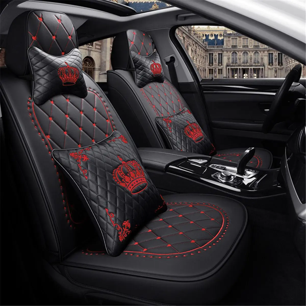 

Crown Printed Front Rear Car Seat Cover PU Leather Seat Pad for Auto 5-seat Cars with Pillows Headrests