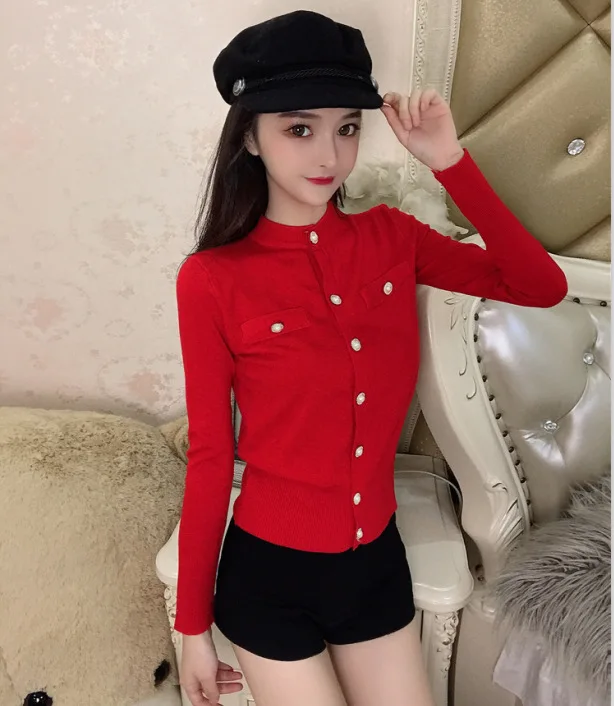 

Женская обувь для ночного клуба; Пикантная обувь с воротником-стойкой и вшивным с перламутрой пуговицей, рукав с дном карты Вязаный топ с дл...