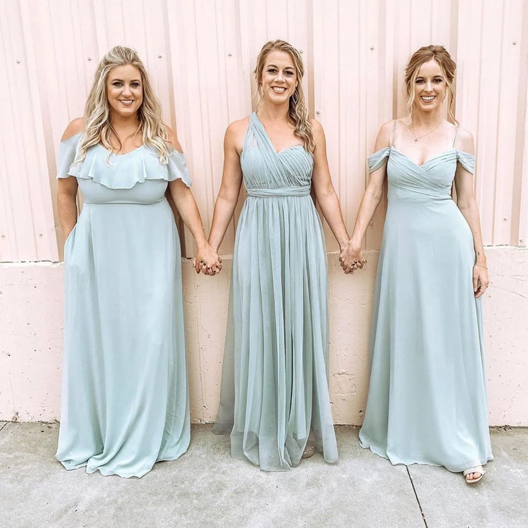 

New Arrival 2021 Sexy V Neck Ruffles Chiffon Ruched Floor Length Simple Bridesmaid Dresses