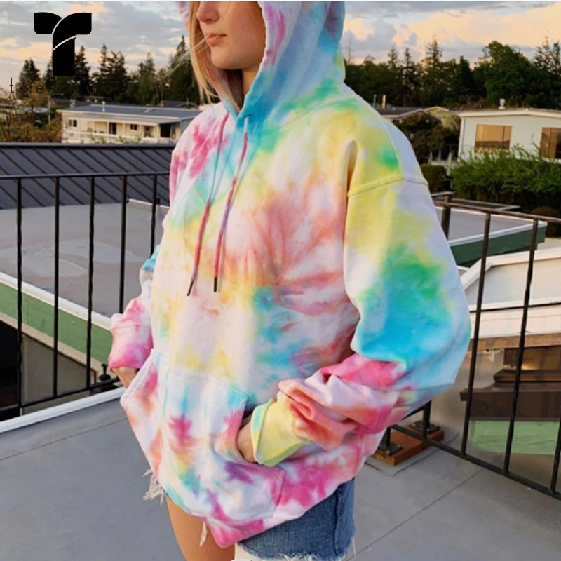 TREGNUO 2021 Hoodie Women Tie-Dye Printing Long Sleeve Loose Coat Autumn And Winter Woman Pullover | Женская одежда