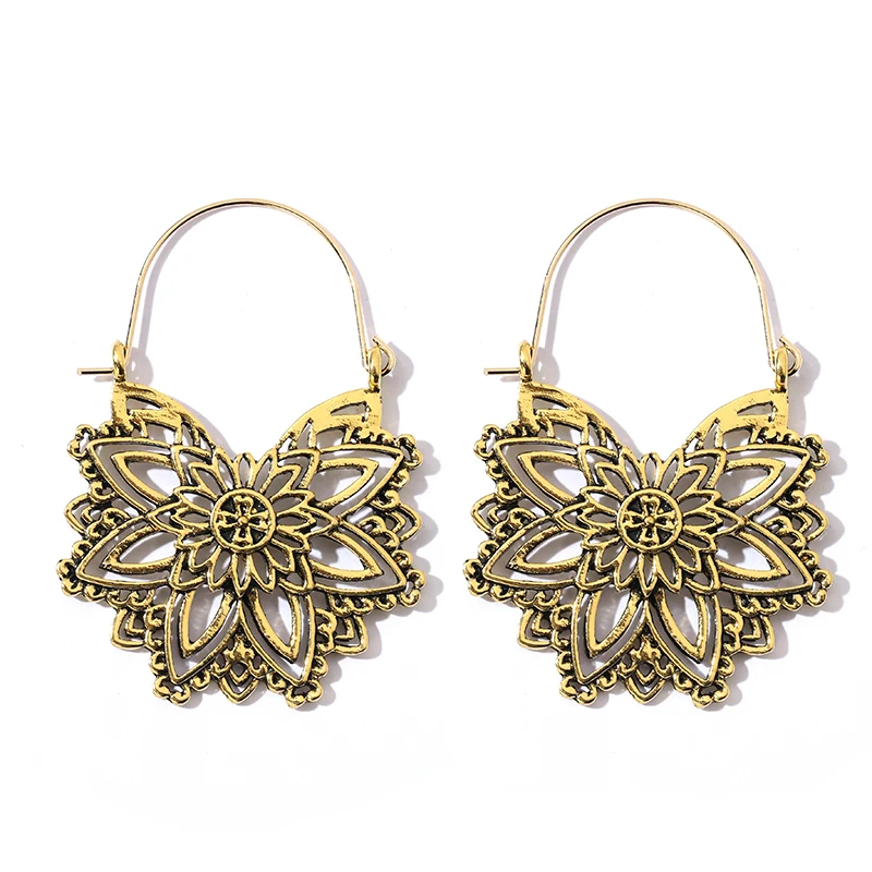 

HuaTang Ethnic Mandala Flower Dangle Earrings for Women Gold Silver Color Carving Hollow Earrings Female Party Jewelry Brincos