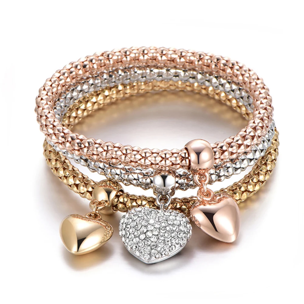 

Silver Plated Mix Color Owl Heart Charm Bracelets for Women Luxury Adjustable Popcorn Chain Jewelry 3 Pcs/Set Crystal Bangles