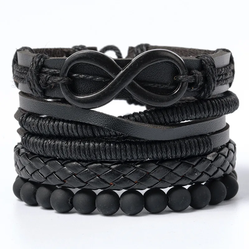 

Letter 8 Alloy Four Piece Combination Black Beaded Twist Thread Leather Bracelet Hand Rope Bracelet Jewelry