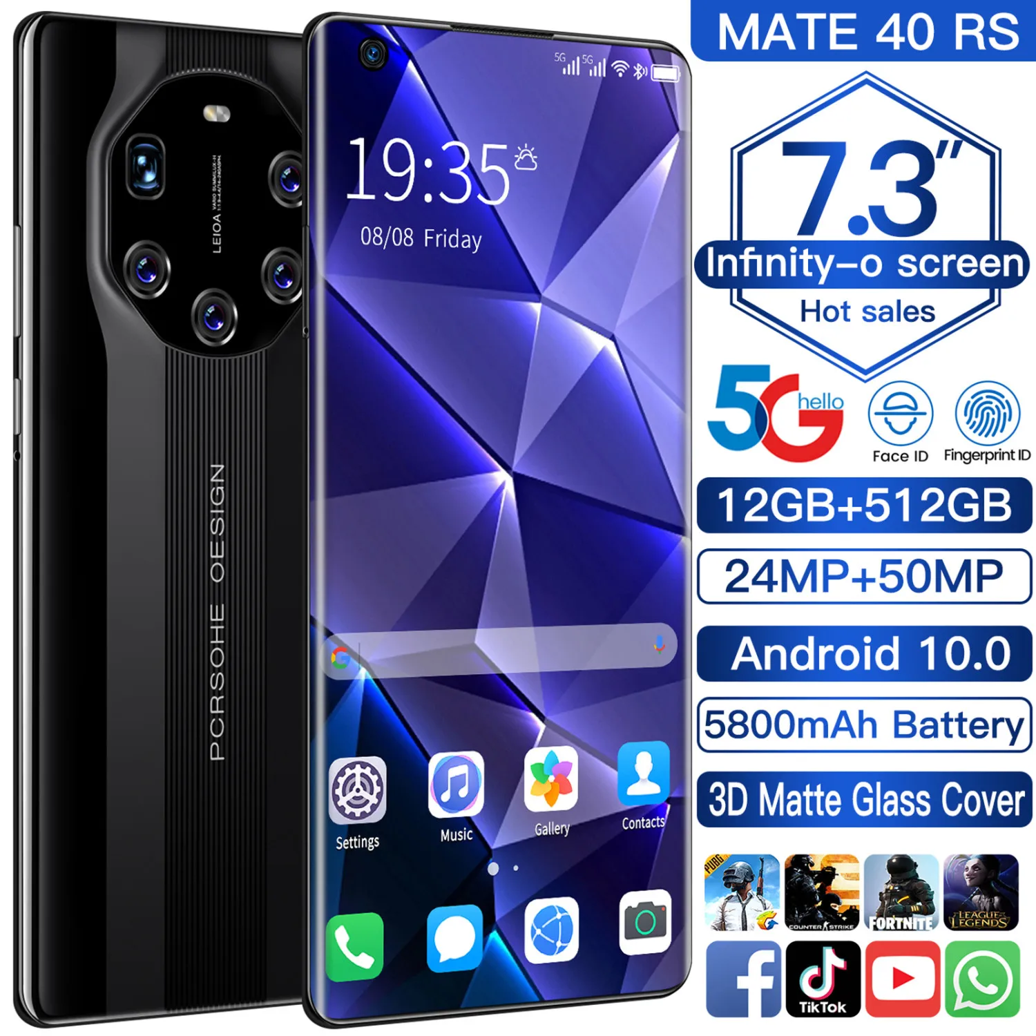 Cectdigi новый телефон Mate40 RS 7 3 дюймов 1440*3200 12 Гб + 512 Dual Sim MicroSD 5800 мач Android 10 0 уход за