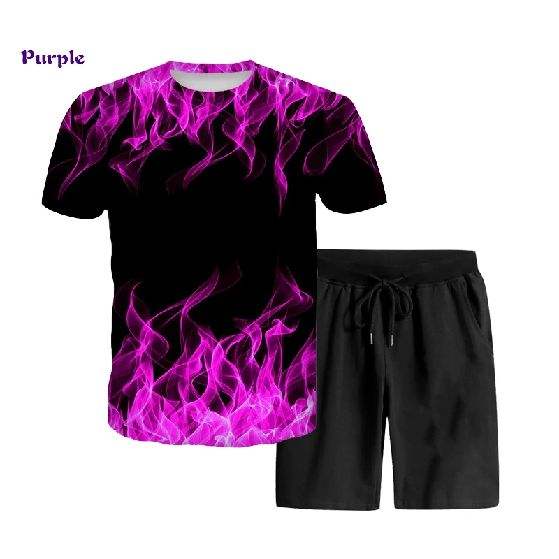 

2021 new summer The green flame 3D Print Men/Women Shorts + T shirt Suit sets men/women clothing swim shorts male