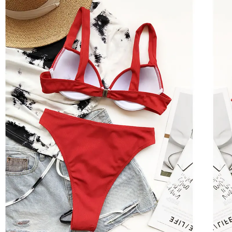 2021 Sexy Suspenders Multicolor Split High Waist Solid Color Bikini Swimsuit Women Summer Beach Swimwear Ladies Fashion Triangle