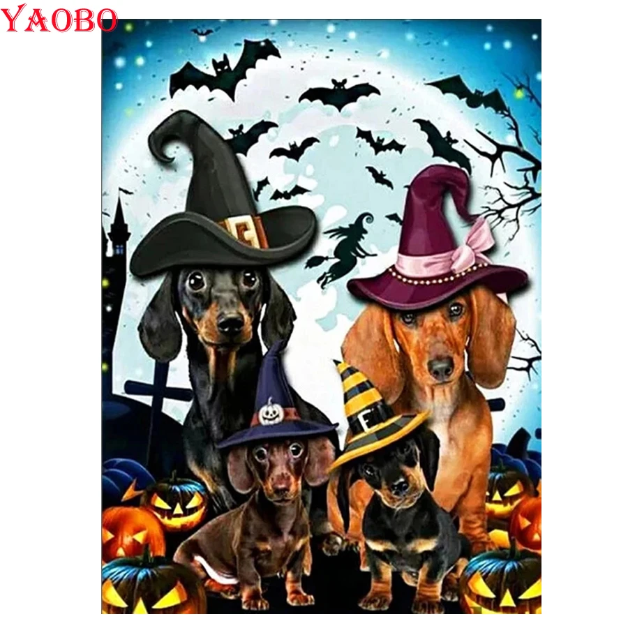 

DIY Diamond Painting Halloween dog and boy bat witch Mosaic Needlework Full Square Round Diamond Embroidery Home Decor
