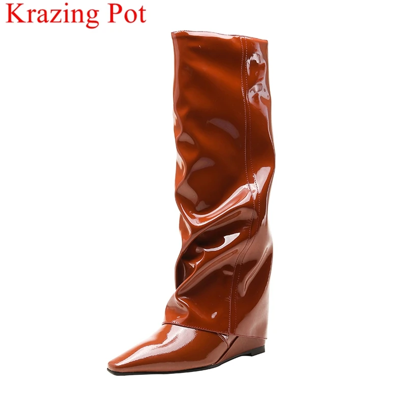 

Сапоги из коровьей кожи, со складками, на танкетке, до колена, большие размеры, зима 2022