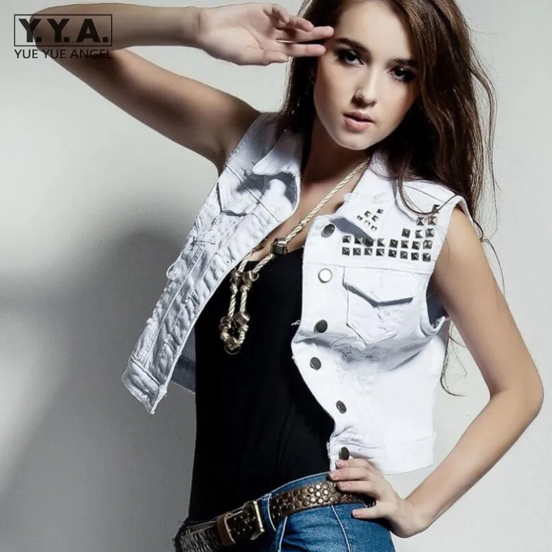 Женский джинсовый жилет винтажный белый крутые джинсы с заклепками однобортный