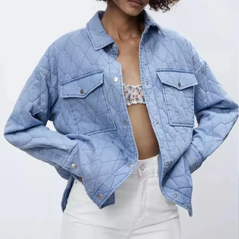 

Za Denim Jacket Women Thin Parkas Straight Shirt Coats Fashion Blue Outwear Female Pockets Oversize Coat Woman Jacket Autumn trf