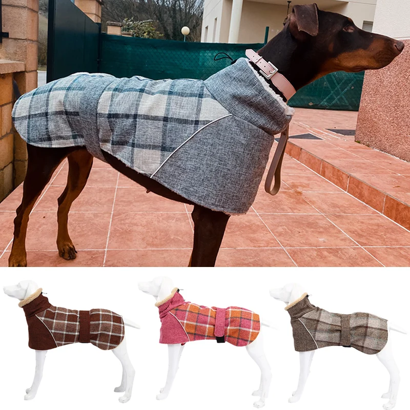 

Warm Fleece Winter Big Dog Clothes Fashion Plaid Print Pet Jacket with Belt for Medium Large Dogs Greyhound Weimaraner Clothing
