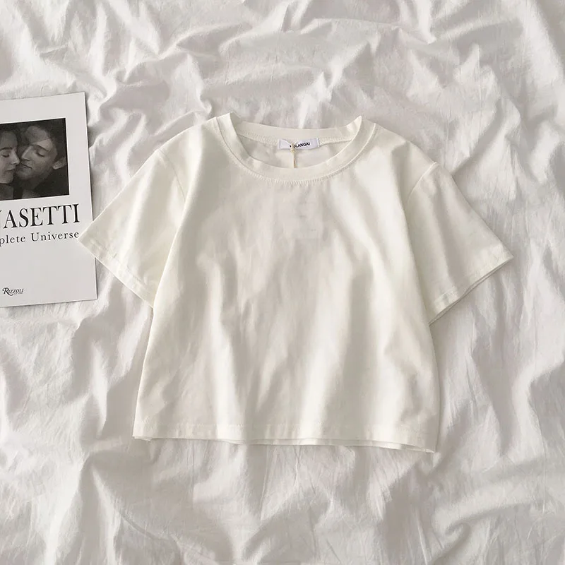 

Harajpee Solid Short Sleeve T-shirt Summer 2021 New Women's Korean Fashion Casual Back To The Basics Cotton Soft Bottoming Shirt