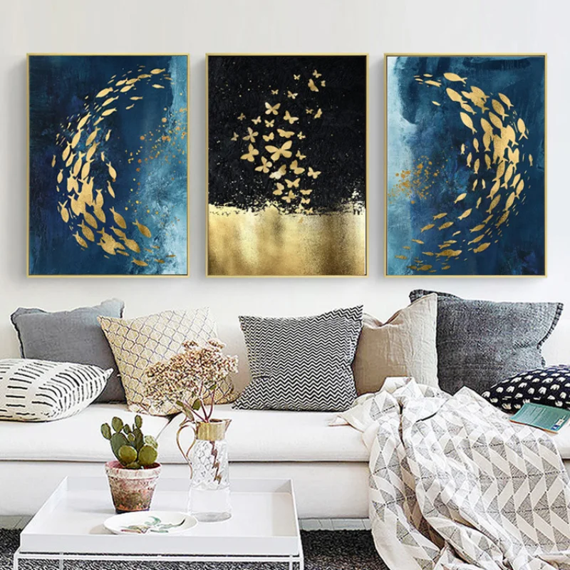 

Nordic Style Blue Modern Luxury Oil Painting Gold Foil Fish Abstract Frameless Decorative Painting Bedroom Living Room Painting
