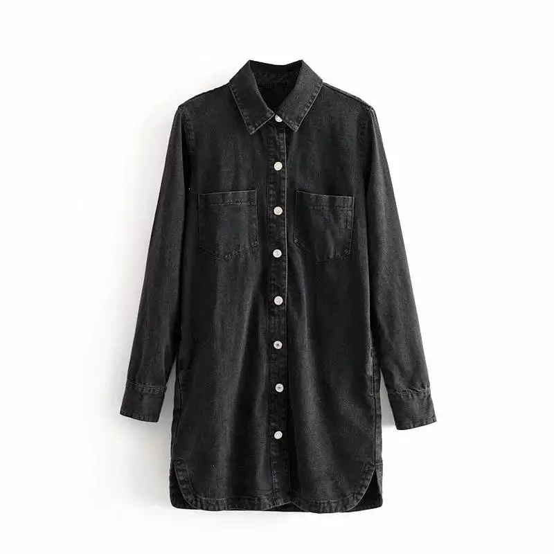 Модное женское черное джинсовое короткое платье с отложным воротником