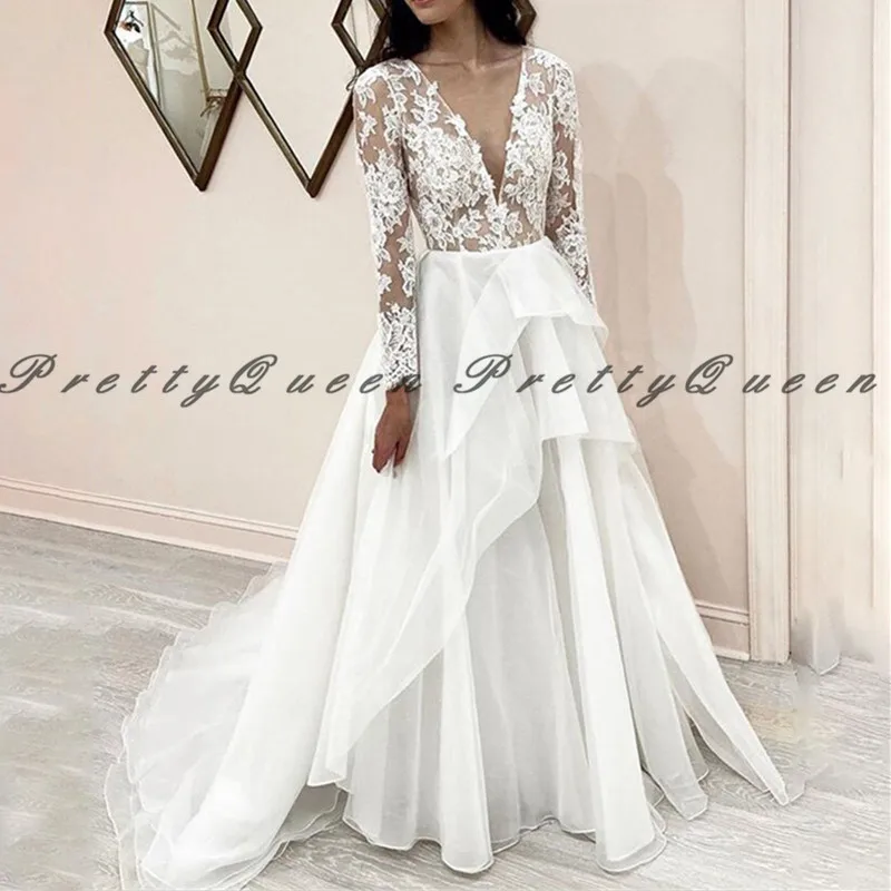 

2020 прозрачное кружевное свадебное платье с глубоким V-образным вырезом и длинными рукавами, Многоярусное ТРАПЕЦИЕВИДНОЕ белое богемное сва...