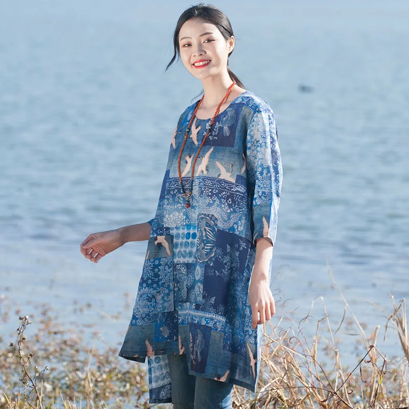 Women Printed Irregular Length Print Tops Shirts Ladies Vintage Long Blouse Female Retro Spring Summer Half Sleeve | Женская одежда