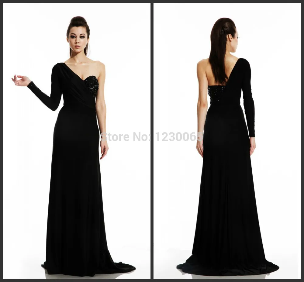 

Женское платье на одно плечо, черное платье для матери невесты со шлейфом и длинным рукавом